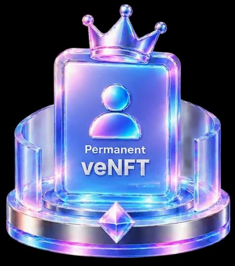 永久 veNFT 治理凭证：戴有王冠的全息玻璃卡片，立于环形底座之上